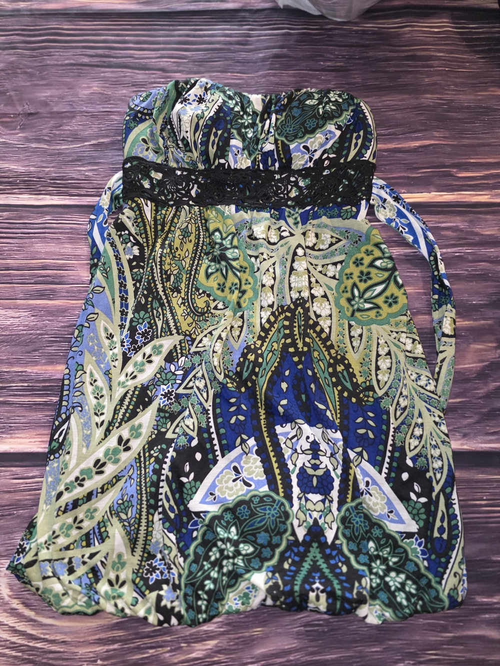Ruby Rox Strapless Paisley Dress in Blue, Green & Black